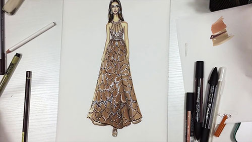 服装画手绘示范：雪纺连衣裙