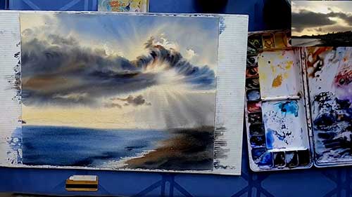 用湿画法画云层